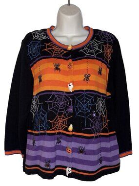 Jack B Quick Vintage Halloween Cardigan Sweater L Black  Spider Webs Embellished